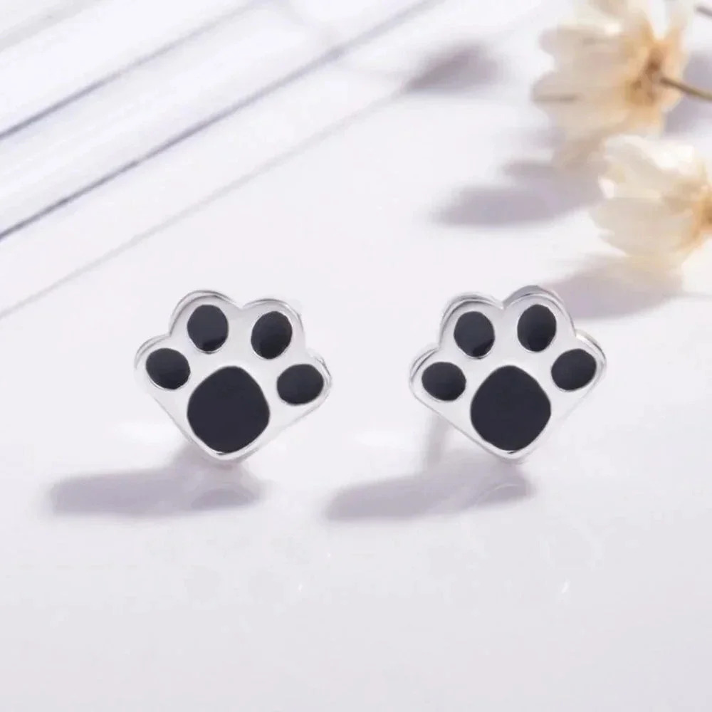 925 Sterling Silver Black Paw Stud Earrings Dog Cat Paw Stud Earrings